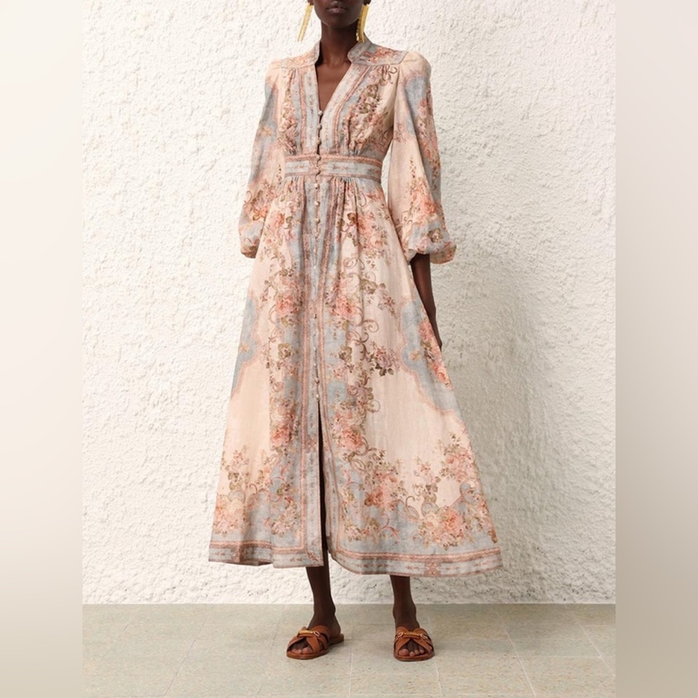ZIMMERMANN AUGUST PLUNGE MIDI DRESS In Blue Floral, AU 3 US 10